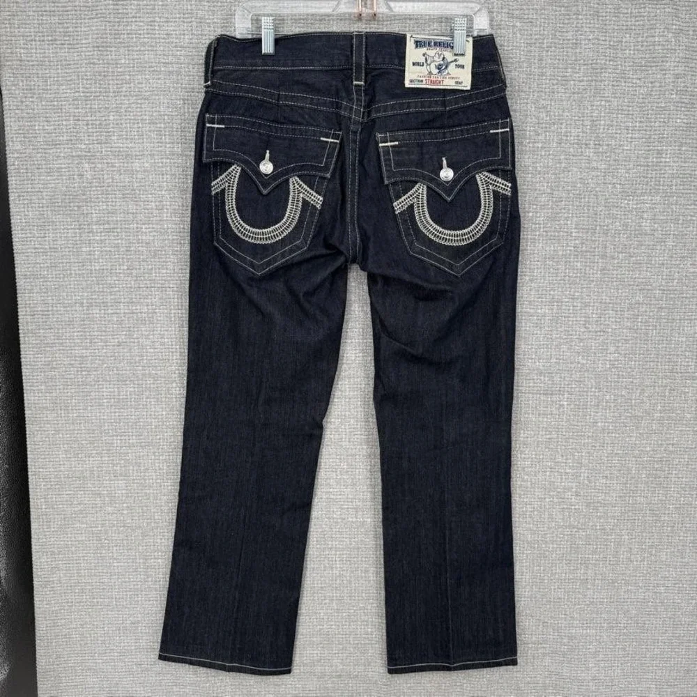True Religion Straight Jeans Mens 32 Dark Wash Big T Stitching Denim Vintage Y2K